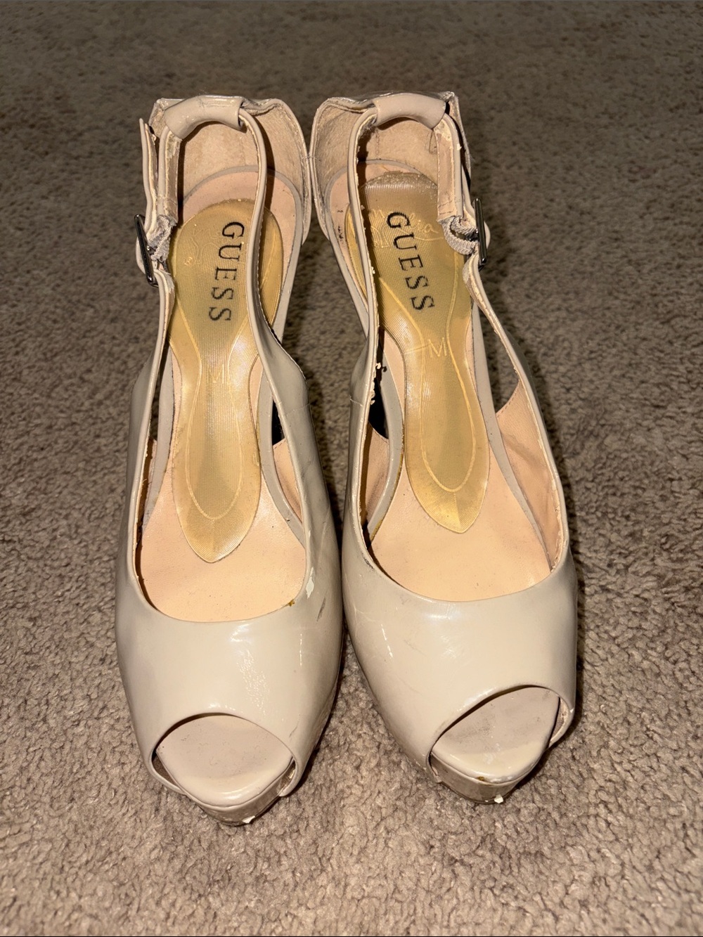 GUESS Patent Peep-Toe Slingback Heels in Light Beige - Size 8